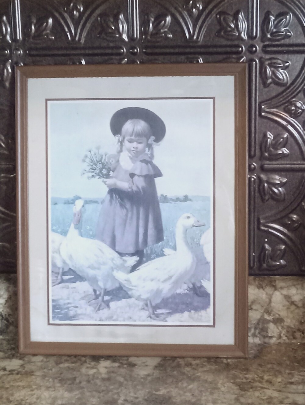 Vintage Print "Picking Wild Flowers” by Art Sarnoff Framed Print Girl Geese READ